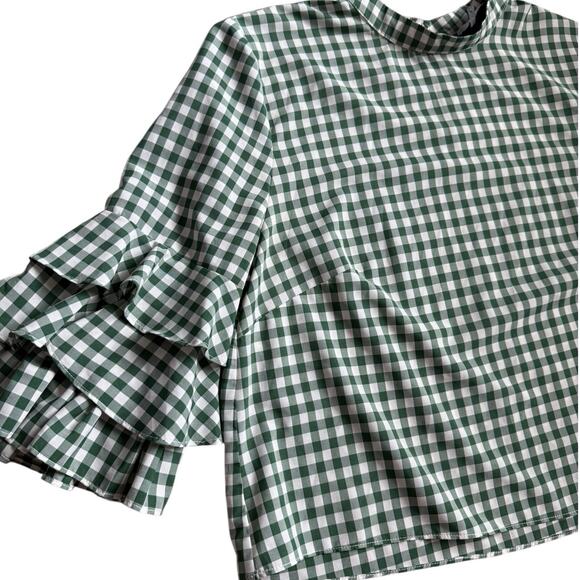Anthropologie Sunday in Brooklyn 3/4 Sleeve Ruffled Checked Top Green Size Large - Picture 7 of 11